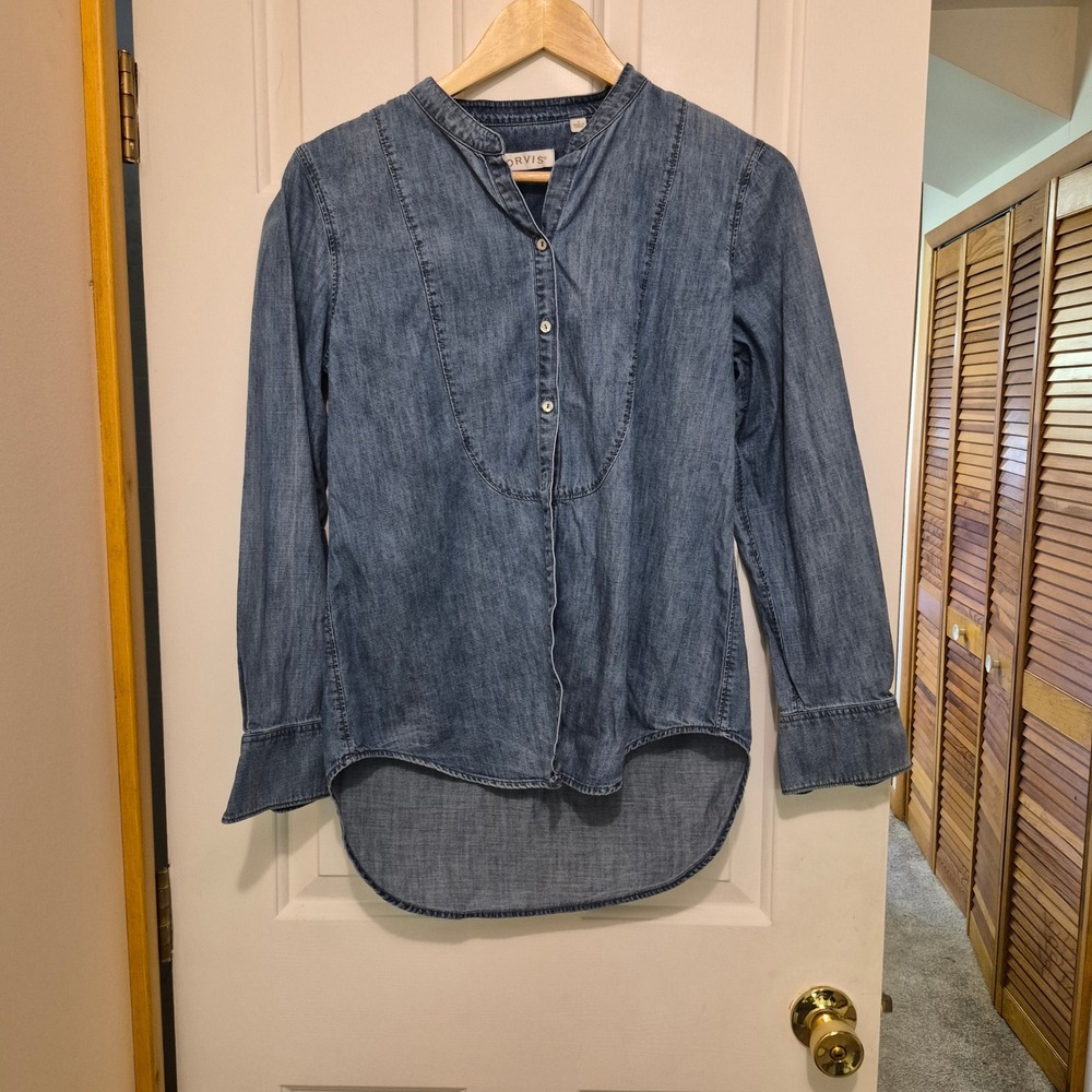 Orvis‎ Womens Blue Cotton Denim Chambray Henley Tunic Shirt Banded Collar Small